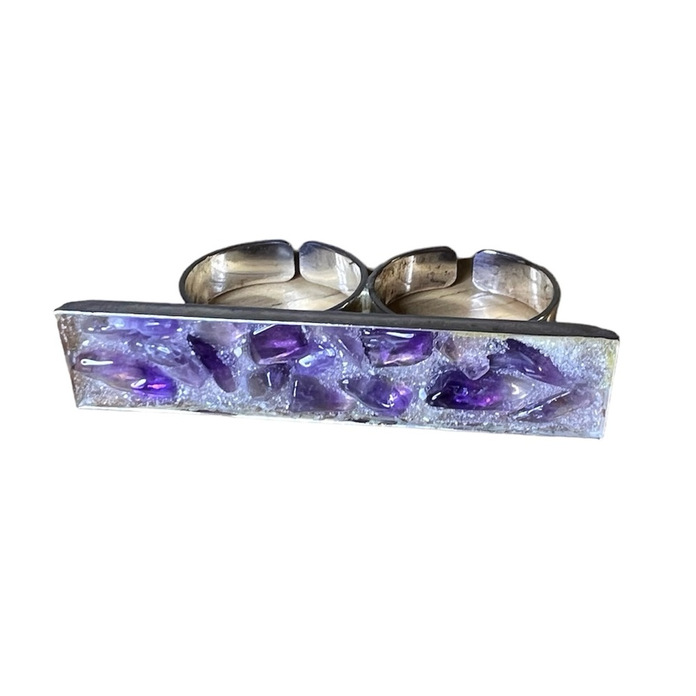 Silver and purple stone double ring - unique two-finger design - adjustable